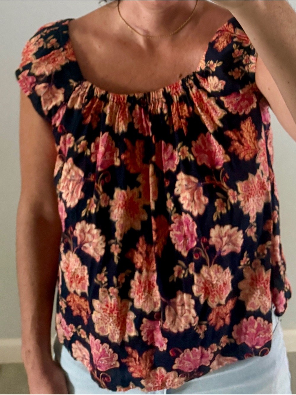 Floral Scoop Neck Women's Top - Navy with Pink & Cream Flowers